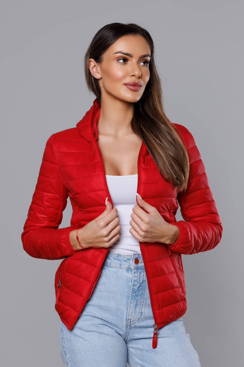 Červená dámská prošívaná bunda s kapucí (B0123-4) odcienie czerwieni XL (42)