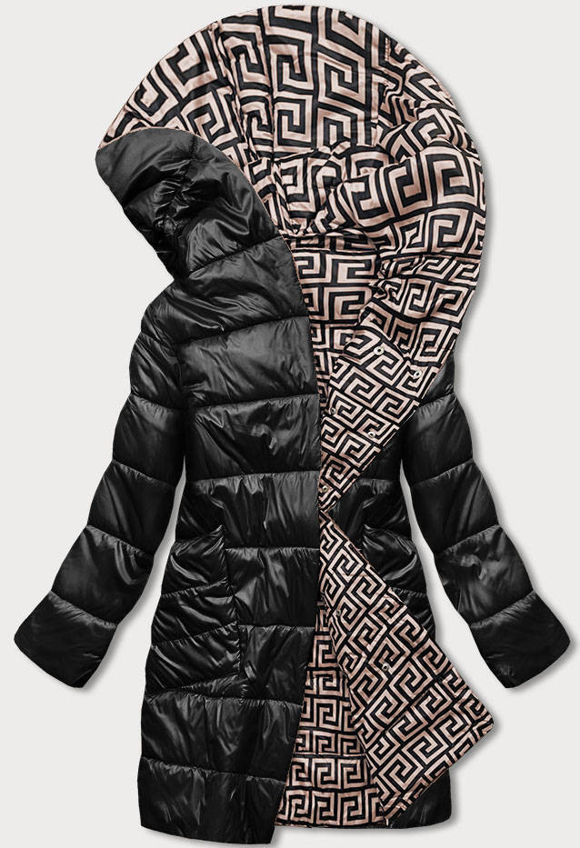 Černo-béžová přeložená obálková dámská bunda s kapucí (R8040) odcienie czerni 46
