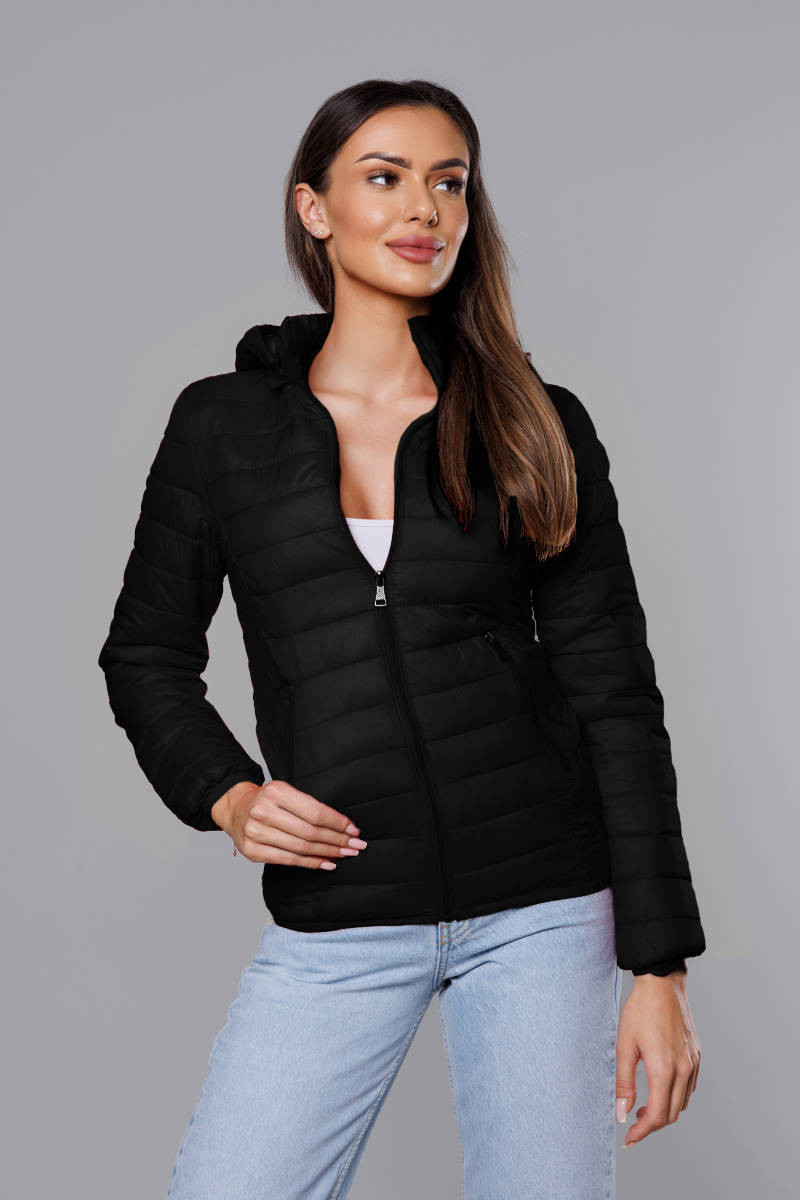 Černá prošívaná dámská bunda s kapucí (B0124-1) odcienie czerni XL (42)