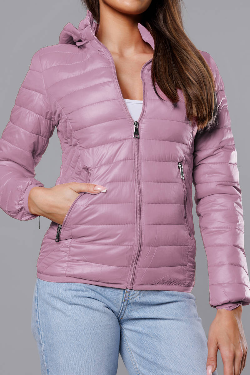 Růžová prošívaná dámská bunda s kapucí (B0124-51) odcienie różu XL (42)