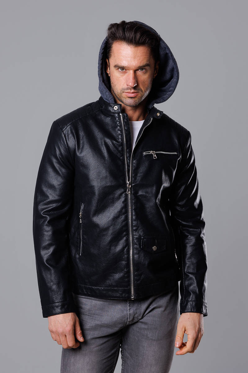 Černá pánská bunda z ekokůže s teplákovou kapucí (11Z8022) odcienie czerni M