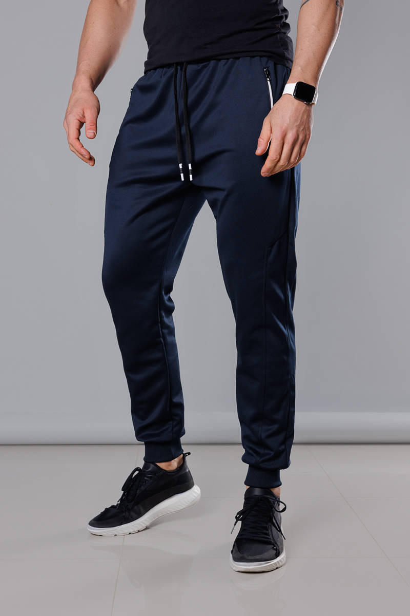 Tmavě modré pánské teplákové kalhoty se stahovacími lemy (8K167) odcienie niebieskiego XL