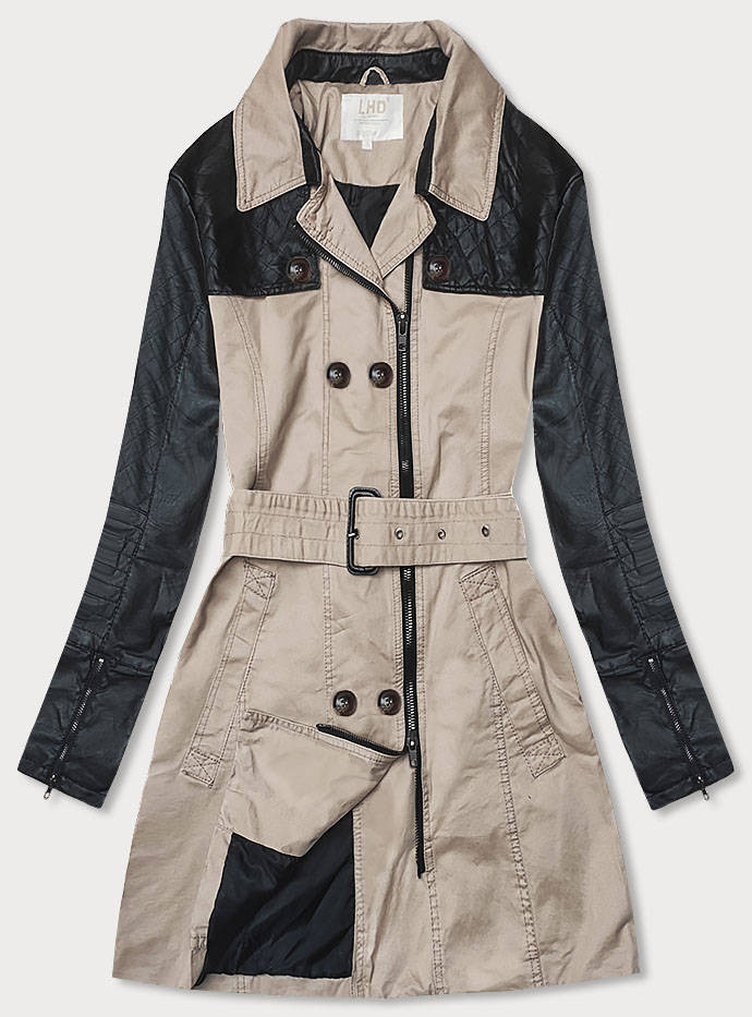 Béžový dámský kabát z různých spojených materiálů (M206) odcienie beżu XL (42)
