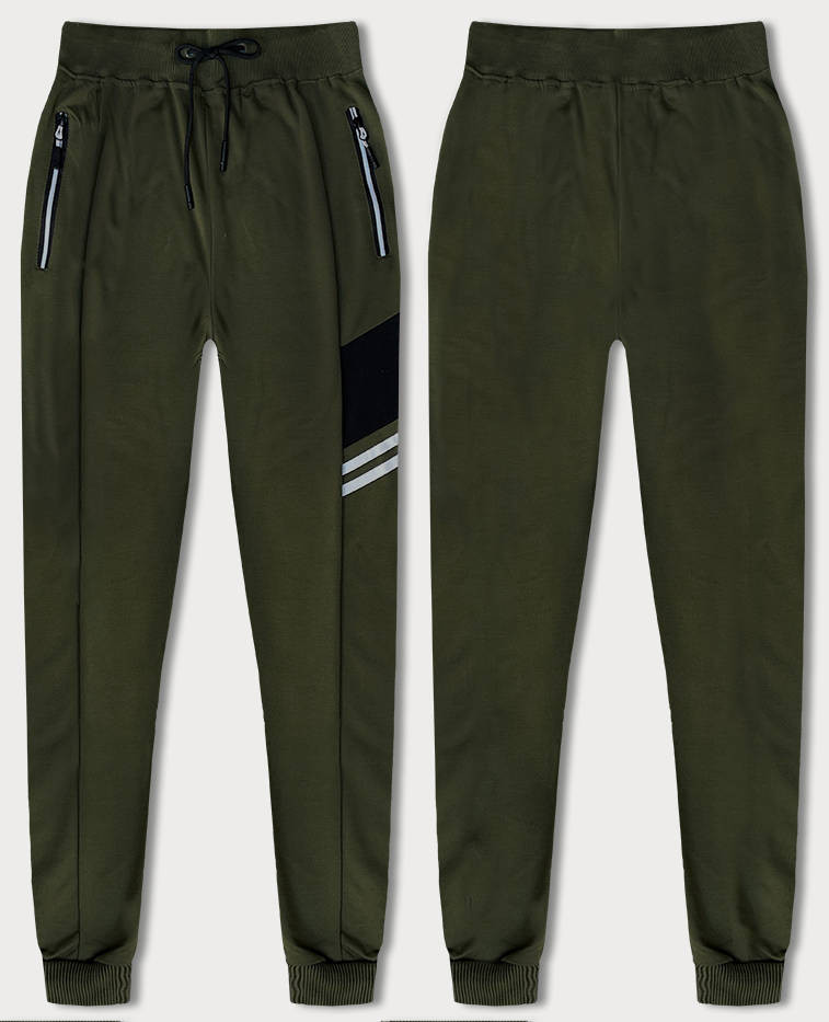 Pánské teplákové kalhoty v khaki barvě s barevnými vsadkami (8K206B-29) odcienie zieleni M