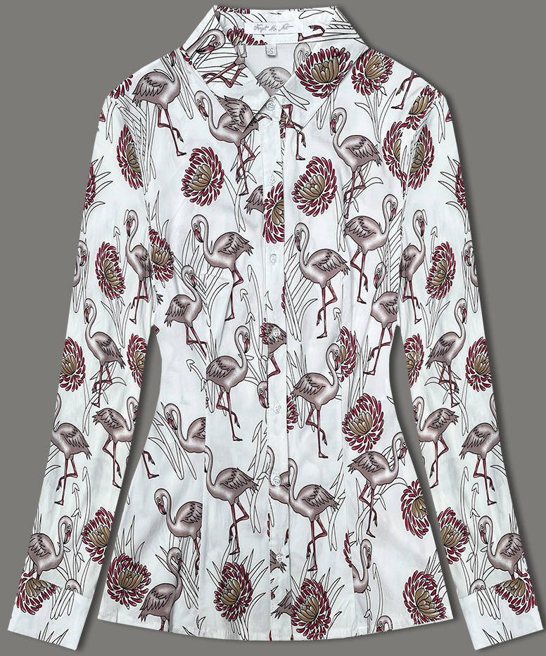 Košile v ecru barvě s dlouhými rukávy a se vzorem plameňáků (AWY0168) odcienie bieli XL (42)