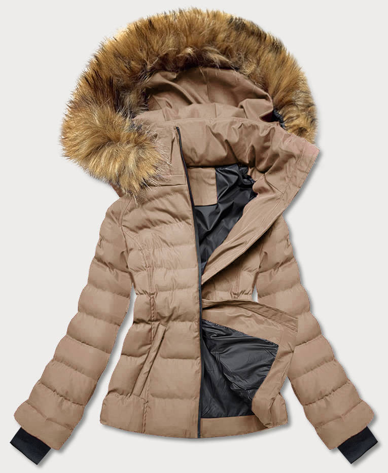 Krátká béžová dámská zimní bunda s kožešinou (5M768-62) odcienie beżu XL (42)