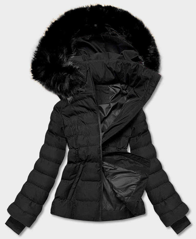 Krátká černá dámská zimní bunda s kožešinou (5M768-392A) odcienie czerni XL (42)