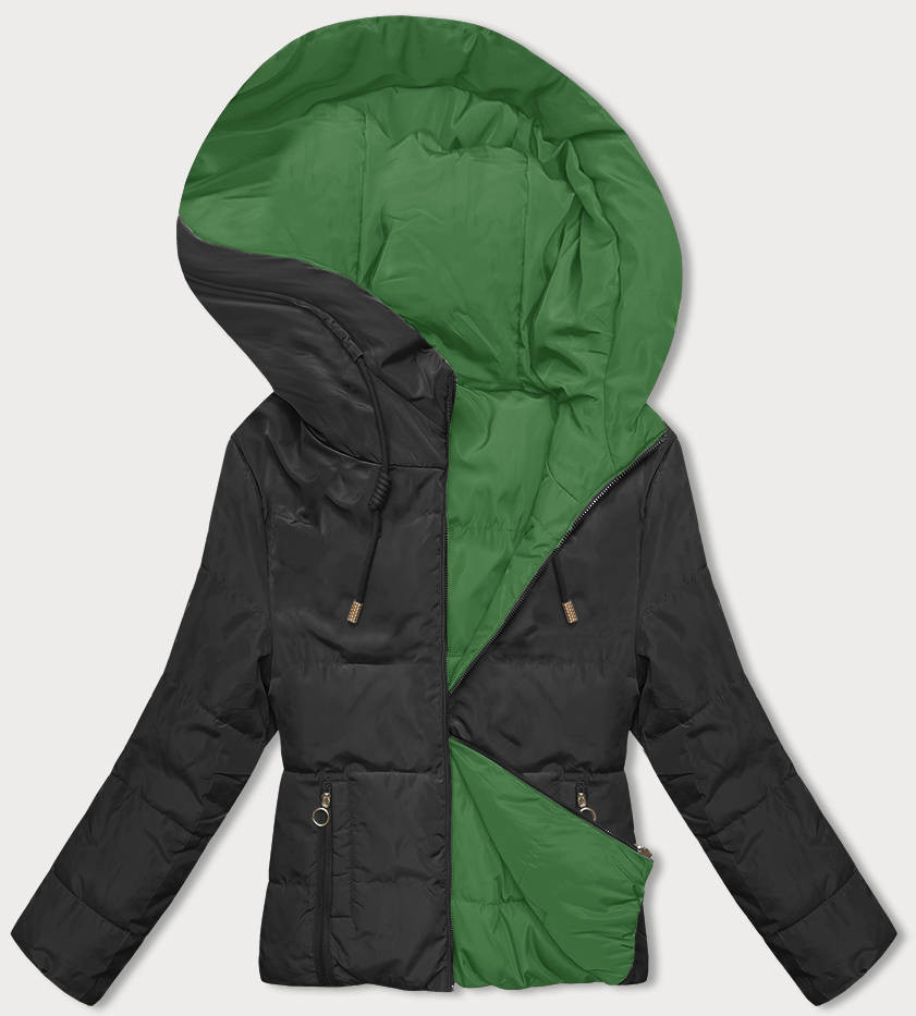 Černo-zelená oboustranná krátká bunda s kapucí (B8181-1082) odcienie zieleni XL (42)