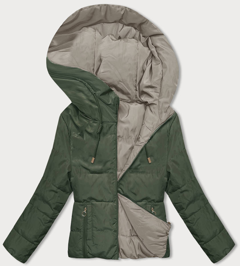 Khaki-béžová oboustranná krátká bunda s kapucí (B8181-11046) odcienie beżu S (36)