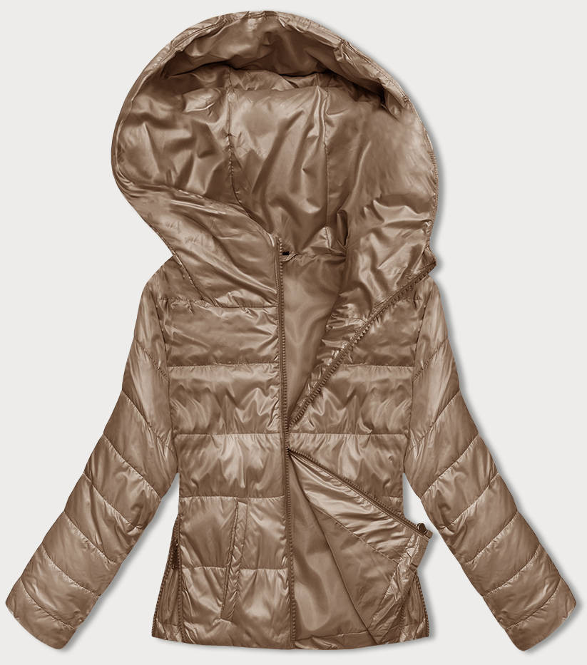 Krátká dámská bunda v karamelové barvě s kapucí (B8187-101) odcienie brązu XXL (44)
