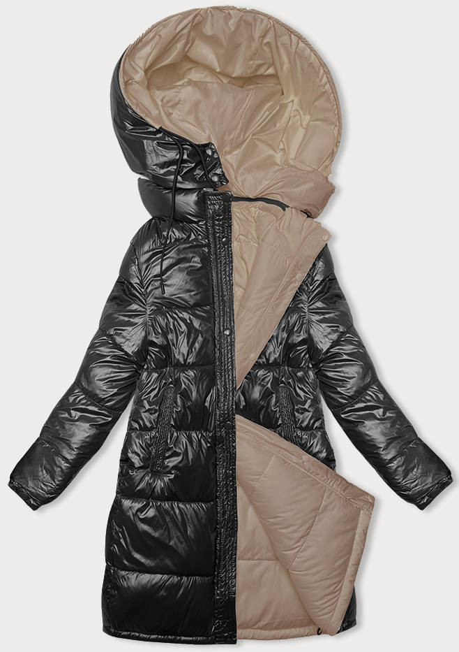 Černo-béžová hrubší oboustranná dámská zimní bunda (V768G) odcienie beżu 3XL