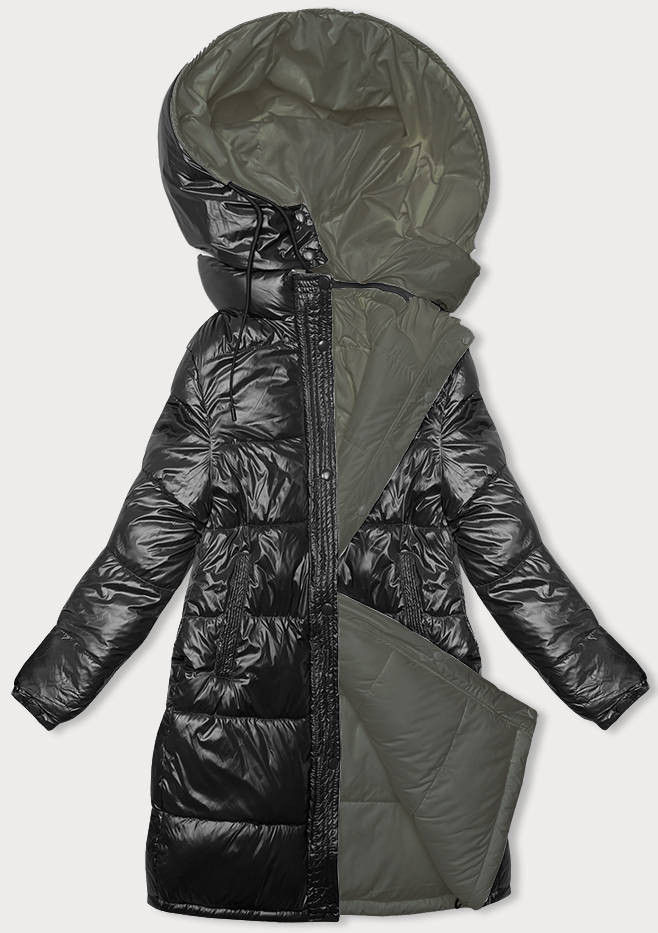 Černo-khaki hrubší dámská zimní oboustranná bunda (V768G) odcienie czerni XXL (44)