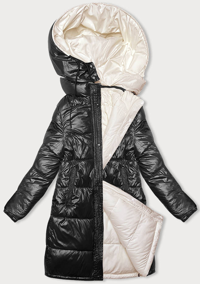 Černo-ecru hrubší dámská zimní oboustranná bunda (V768G) odcienie czerni XL (42)