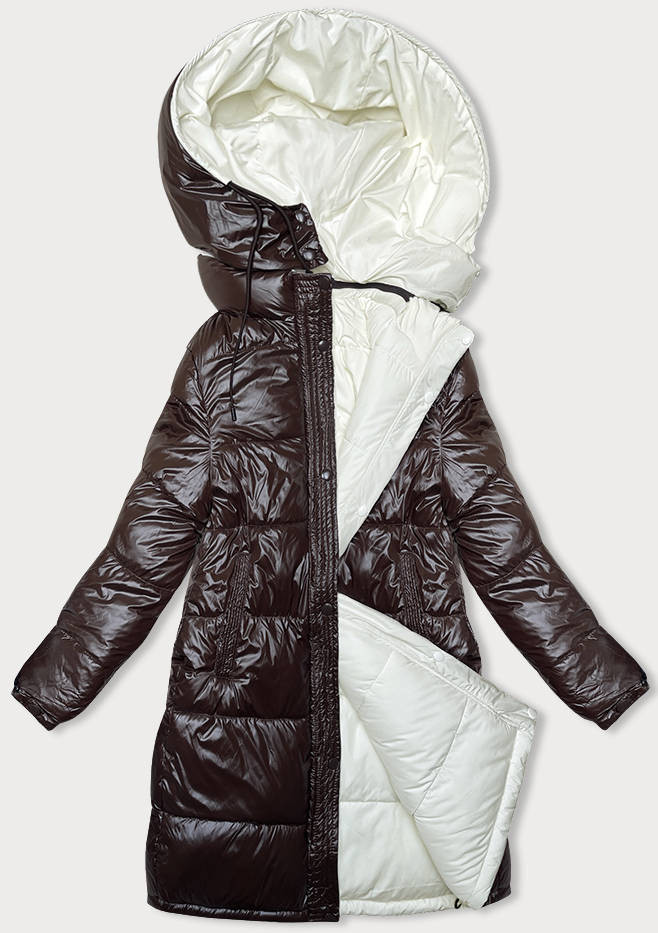 Hnědo-ecru hrubší dámská zimní oboustranná bunda (V768G) odcienie brązu XL (42)