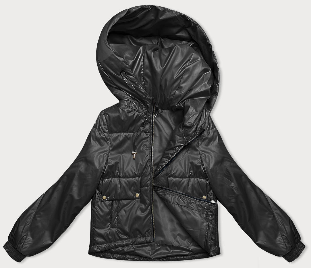 Krátká černá dámská bunda s kapucí (B8216-1) odcienie czerni XXL (44)