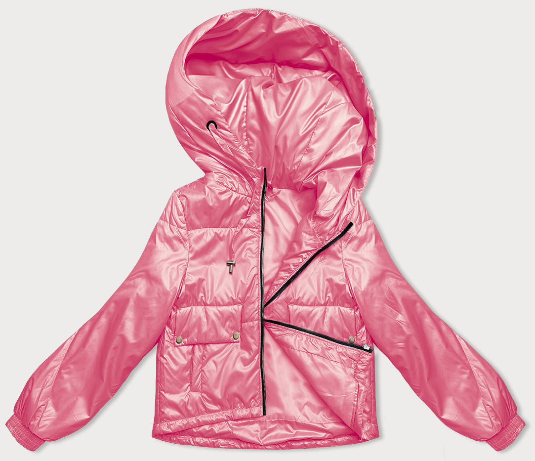 Krátká růžová dámská bunda s kapucí (B8216-51) odcienie różu L (40)