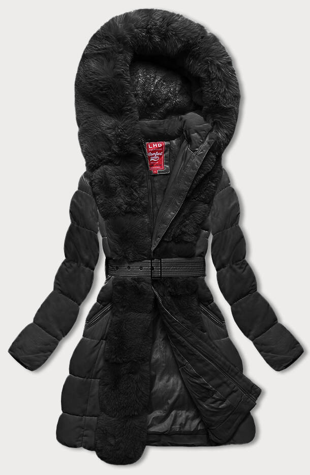 Černá dámská zimní bunda s kožešinou (2M-008) odcienie czerni M (38)