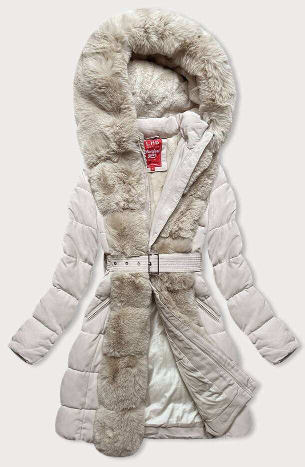 Dámská zimní bunda v barvě ecru s kožešinou (2M-008) odcienie beżu M (38)
