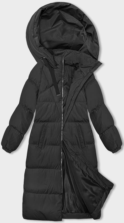 Dlouhá černá hrubší dámská bunda s kapucí (5M3163-392) odcienie czerni L (40)