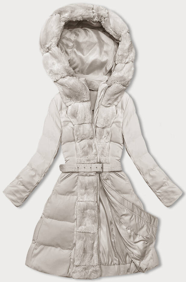 Dámská zimní bunda v ecru barvě s ozdobnou kožešinou (5M3158-254) odcienie beżu XL (42)