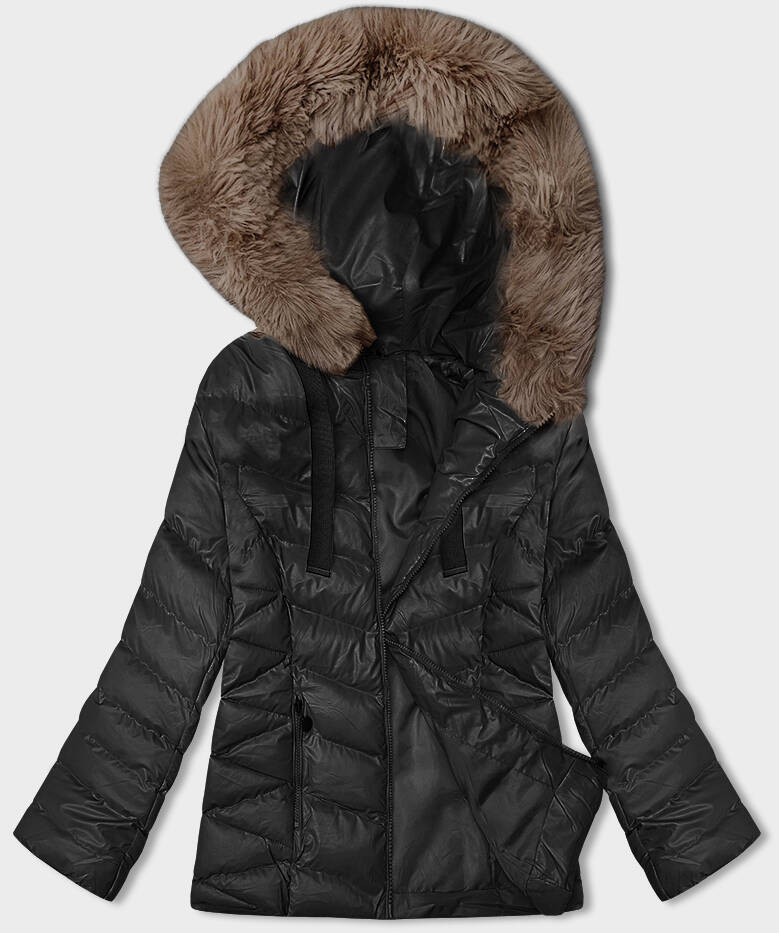 Černo-béžová krátká zimní bunda s kapucí (5M3138-392B) odcienie czerni XL (42)