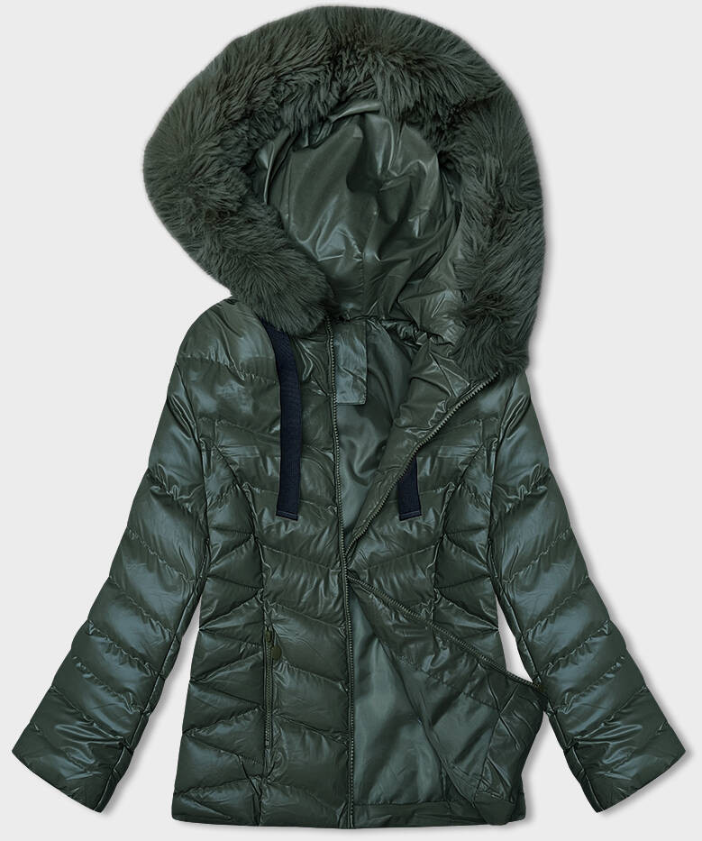 Tmavě zelená krátká zimní bunda s kapucí (5M3138-238) odcienie zieleni S (36)