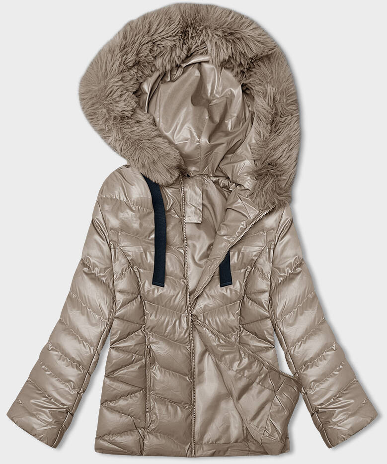 Krátká béžová zimní bunda s kapucí (5M3138-62) odcienie beżu L (40)