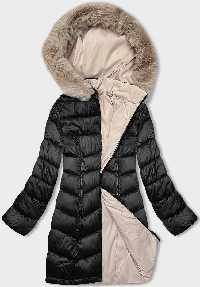 Černo-béžová oboustranná dámská zimní bunda s kapucí (B8203-1046) odcienie czerni 54