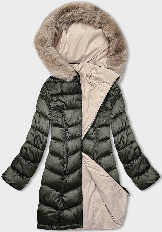 Khaki-béžová oboustranná dámská zimní bunda s kapucí (B8203-11046) odcienie zieleni 48