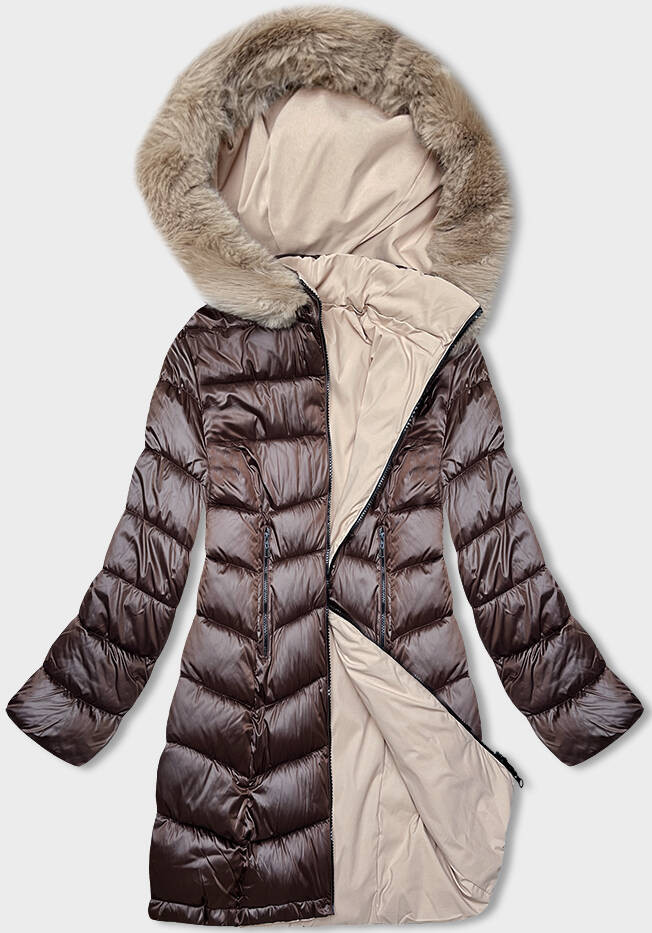 Hnědo-béžová oboustranná dámská zimní bunda s kapucí (B8203-14046) odcienie zieleni 54