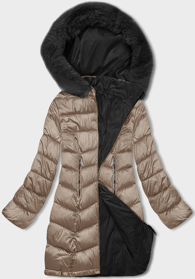 Béžovo-černá oboustranná dámská zimní bunda s kapucí (B8203-1201) odcienie beżu 52
