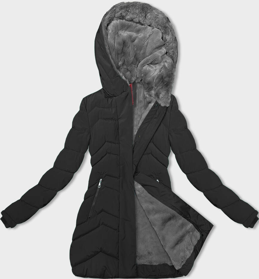 Černá dámská zimní bunda s kožešinovou podšívkou (LHD-23023) odcienie czerni XXL (44)