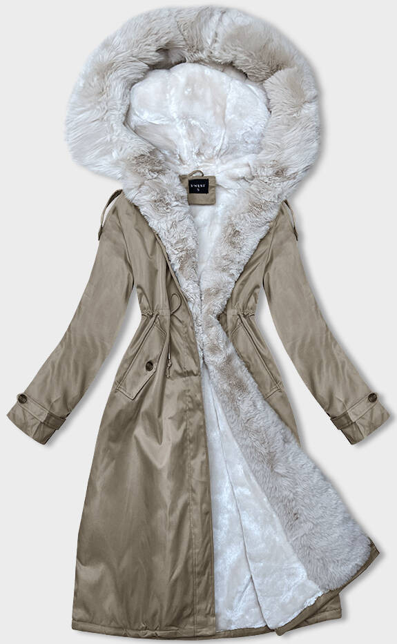 Béžová dámská zimní bunda parka s kožešinou (B557-46046) odcienie beżu S (36)