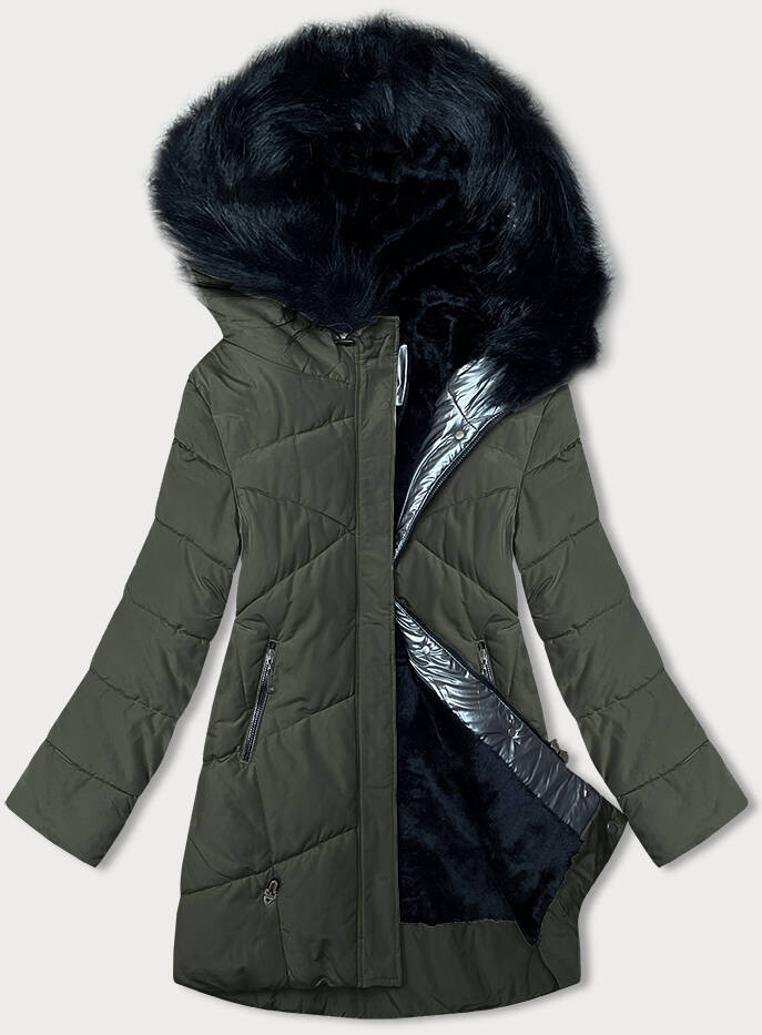 Dámská zimní bunda v khaki barvě s kožešinou (V715) odcienie zieleni L (40)