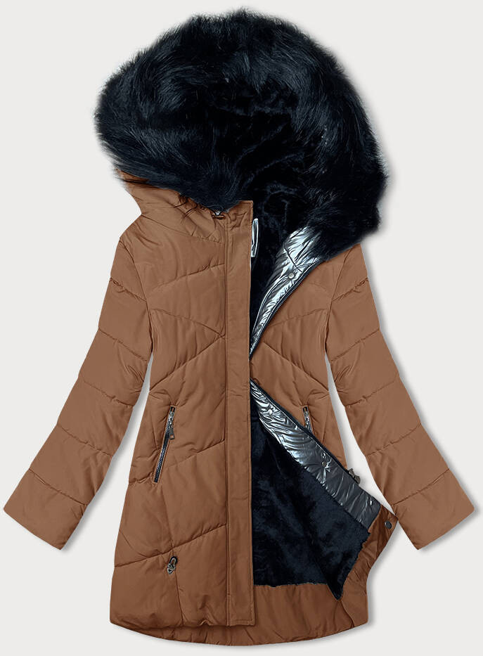 Dámská zimní bunda v karamelové barvě s kožešinou (V715) odcienie brązu L (40)