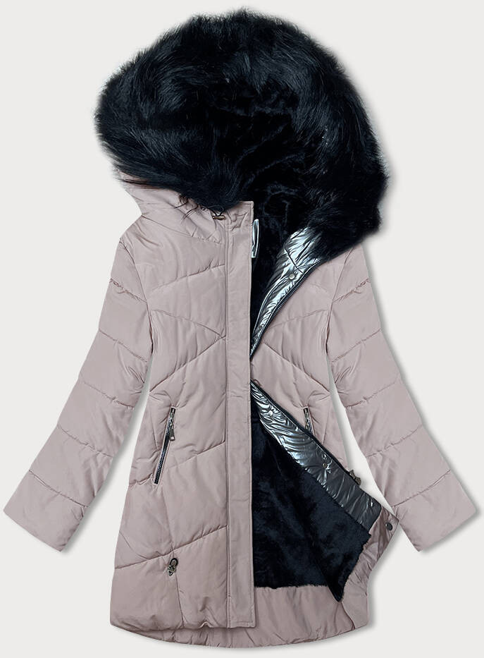 Dámská zimní bunda v barvě "nude" s kožešinou (V715) odcienie beżu L (40)