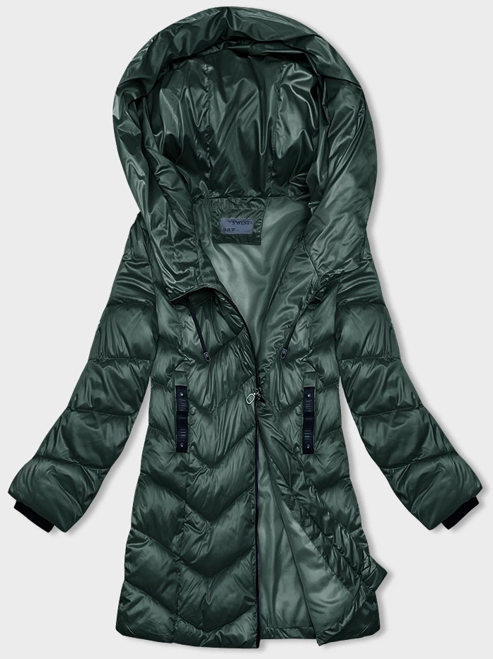 Tmavě zelená dámská zimní bunda s asymetrickým zipem (B8167-10) odcienie zieleni 50