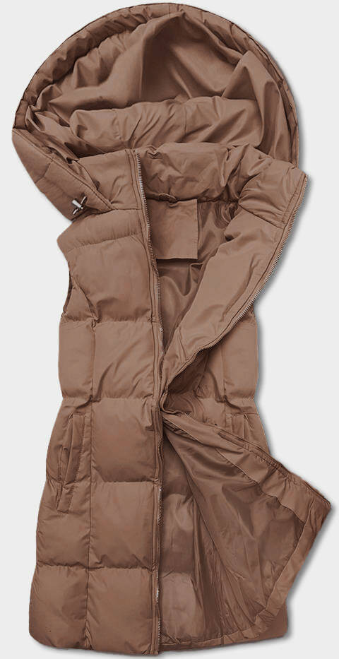 Tmavě béžová péřová dámská vesta s kapucí (5M721-84) odcienie beżu S (36)