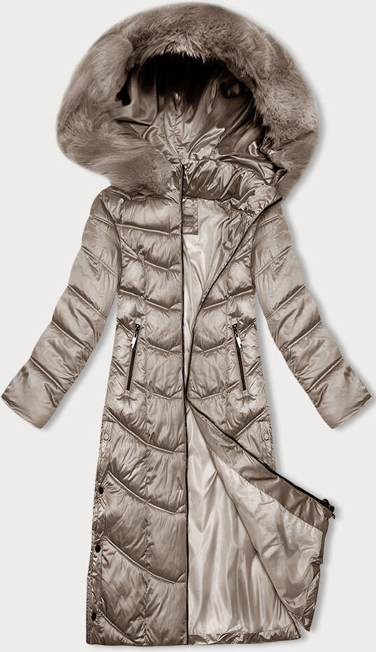 Béžová dlouhá zimní bunda s kapucí S'west (B8198-12) odcienie beżu XL (42)