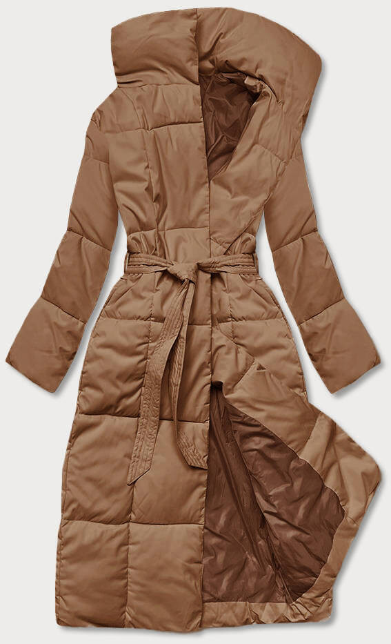 Tmavě béžový dámský zimní kabát s páskem (2M-061) odcienie beżu L (40)