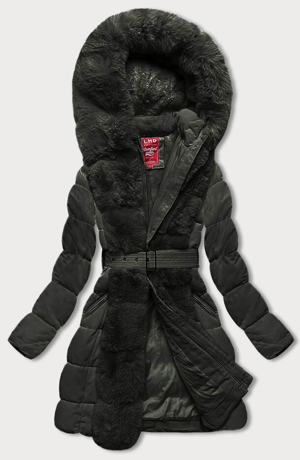 Dámská zimní bunda v army barvě s kožešinou (2M-008) odcienie zieleni M (38)