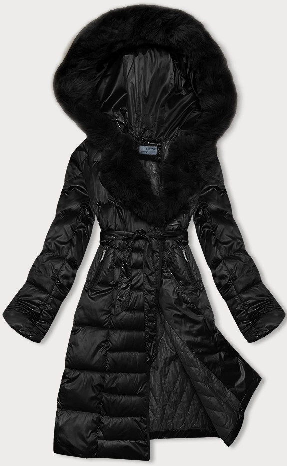 Černá dámská zimní bunda s páskem S'west (B8195-1) odcienie czerni L (40)