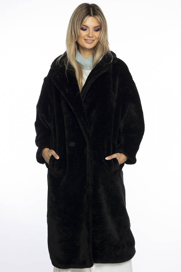 Černý plyšový dámský oversize kabát AnnGissy (AG1-J9172) odcienie czerni S (36)
