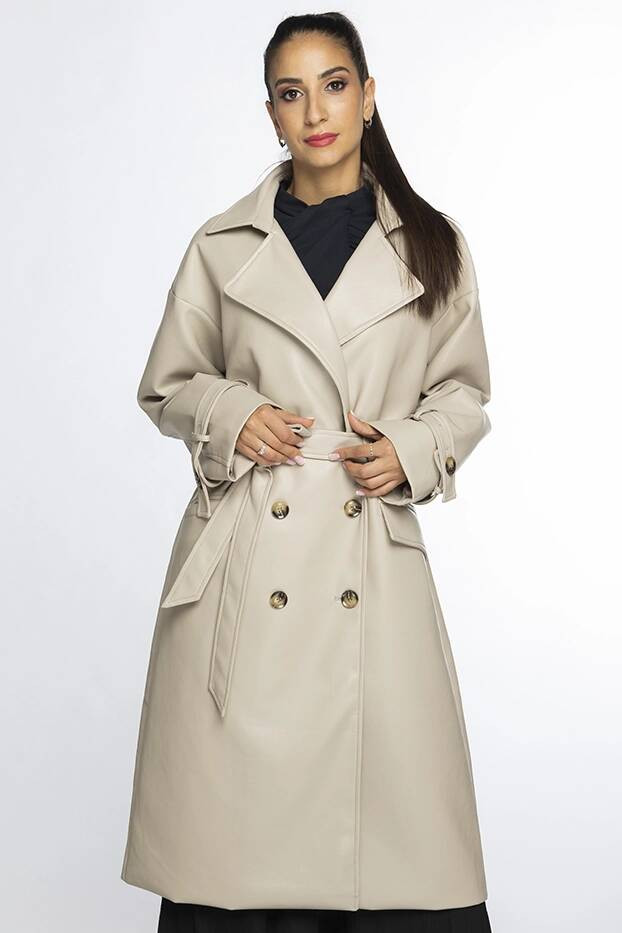 Béžový dvouřadový klasický dámský kabát z ekologické kůže AnnGissy (AG6-30) Béžová M (38)