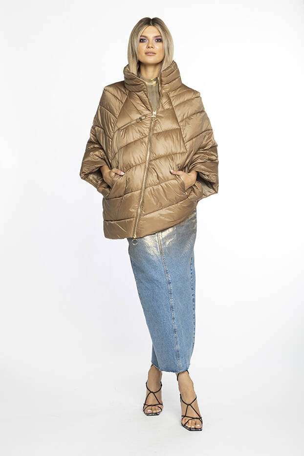 Tmavě béžová dámská bunda pončo s ozdobnými zipy AnnGissy (AG1-J9171) odcienie beżu S (36)