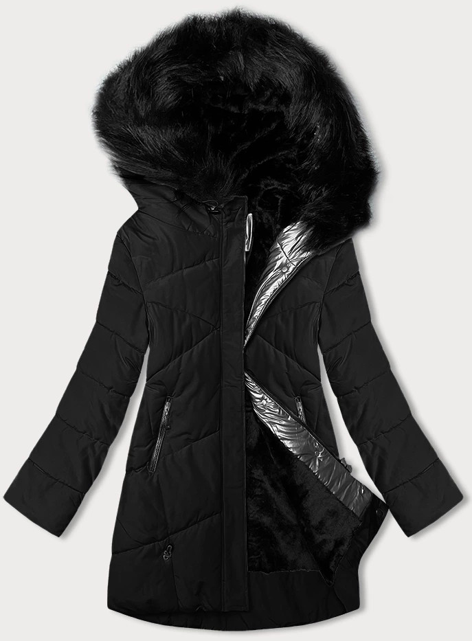 Černá dámská zimní bunda s kožešinou (V715) odcienie czerni XXL (44)
