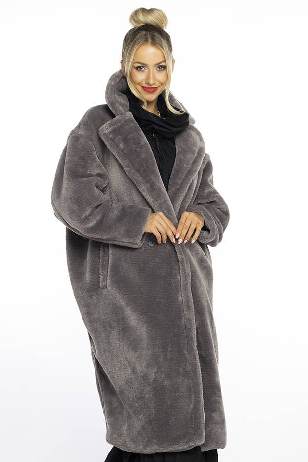 Šedý plyšový dámský oversize kabát Ann Gissy (AG1-J9172) šedá S (36)