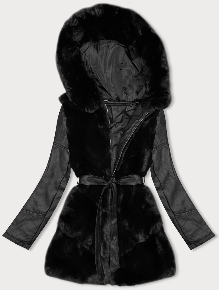 Černá bunda z ekologické kůže s kožešinovým panelem J Style (11Z8090) odcienie czerni L (40)