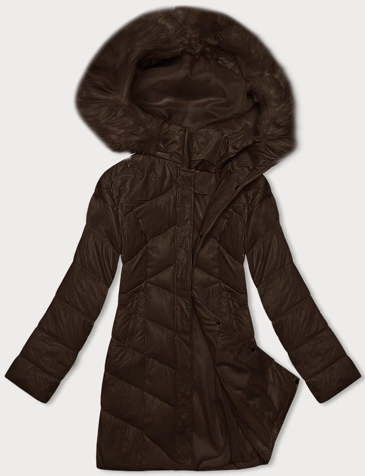 Tmavě hnědá dámská zimní bunda s kapucí (H-898-23) odcienie brązu XXL (44)