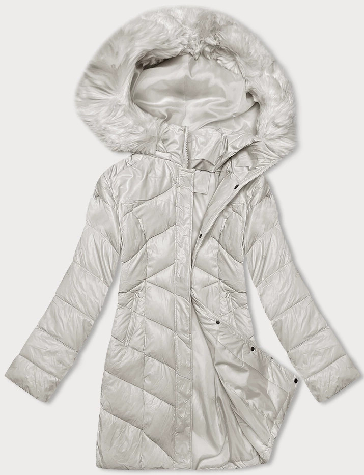 Dámská zimní bunda v ecru barvě s kapucí (H-898-11) odcienie bieli S (36)